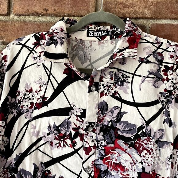Zeroyaa Floral Button Up Printed Shirt White Black XXL - Picture 3 of 10